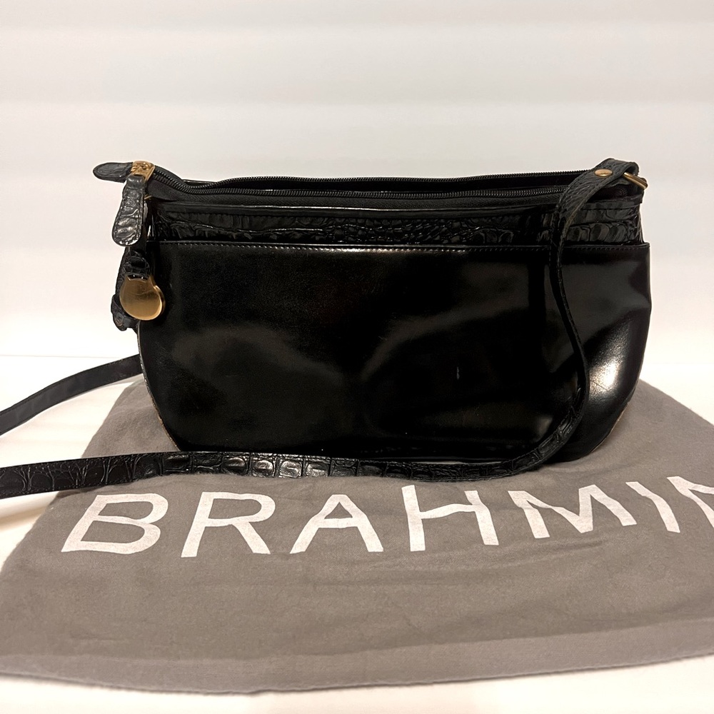 Black Brahmin crossbody satchel with crocodile leather details